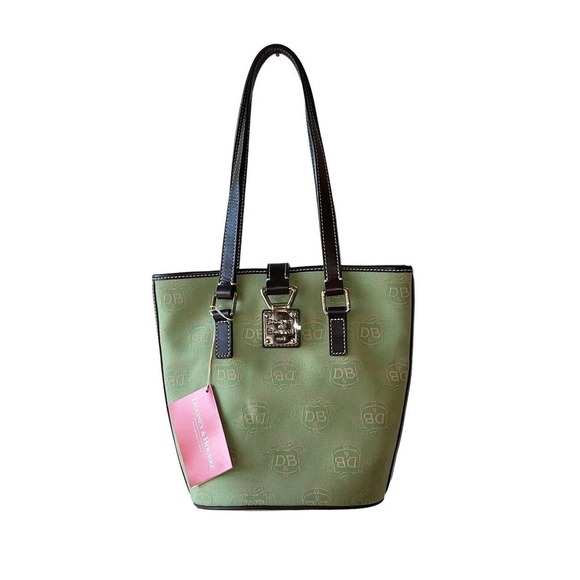 Dooney Bourke Green Leather Trim Canvas Lock Monogram Bucket Bag DL64C X9 - New